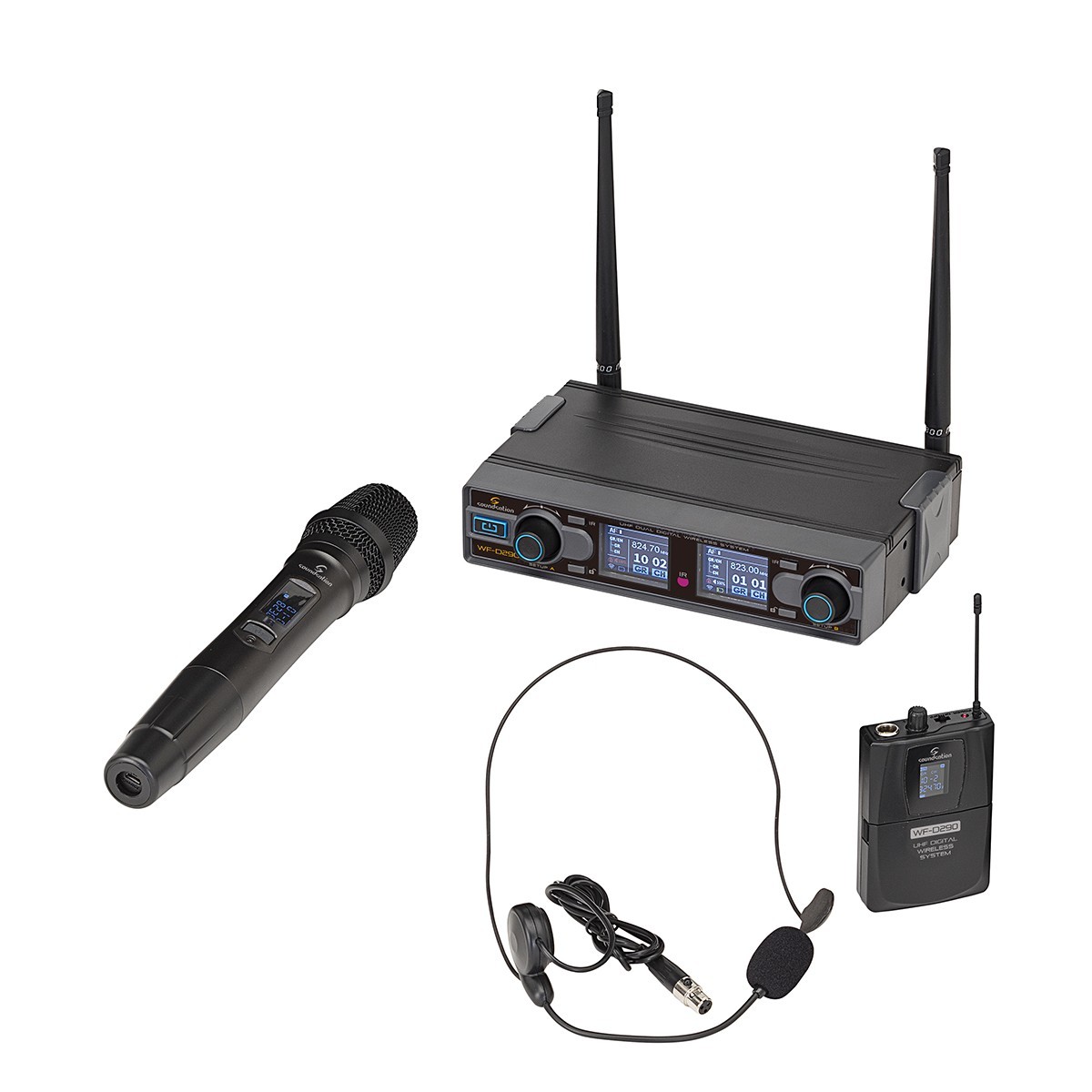 RADIOMIC. DIGITALE DOPPIO UHF SOUNDSATION WF-D290HP MKII 1TX MANO + 1TASC.&HEADSET 823-832MHz